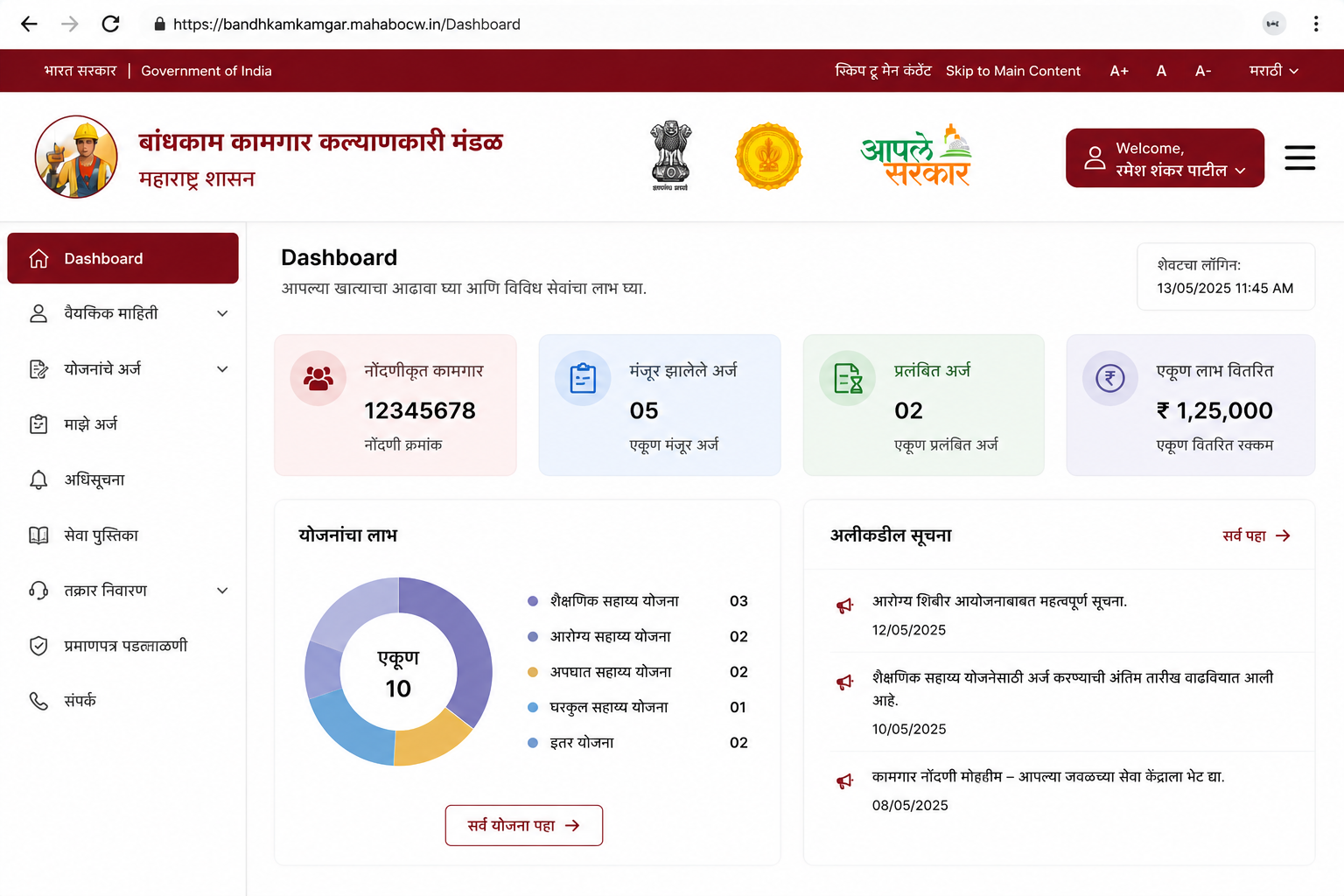 Bandhkam Kamgar Login Step 5 - Dashboard